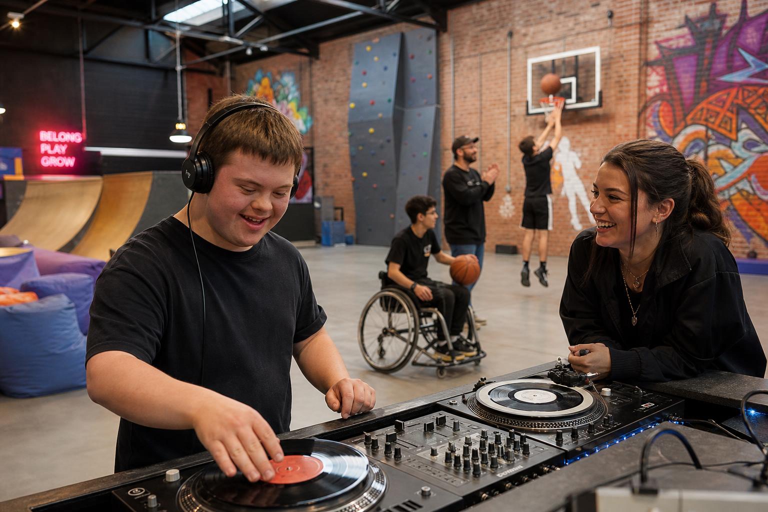 Teens and young adults of diverse abilities laughing and playing music together in a bright community center